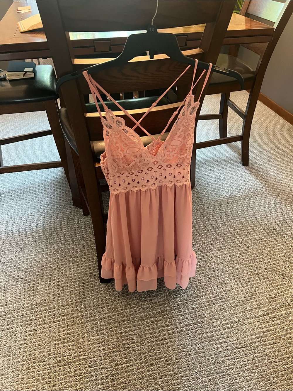 Love Tree Women’s Pink Solid Lace Ruffle V-Neck Chemise Adjustable Straps M #656